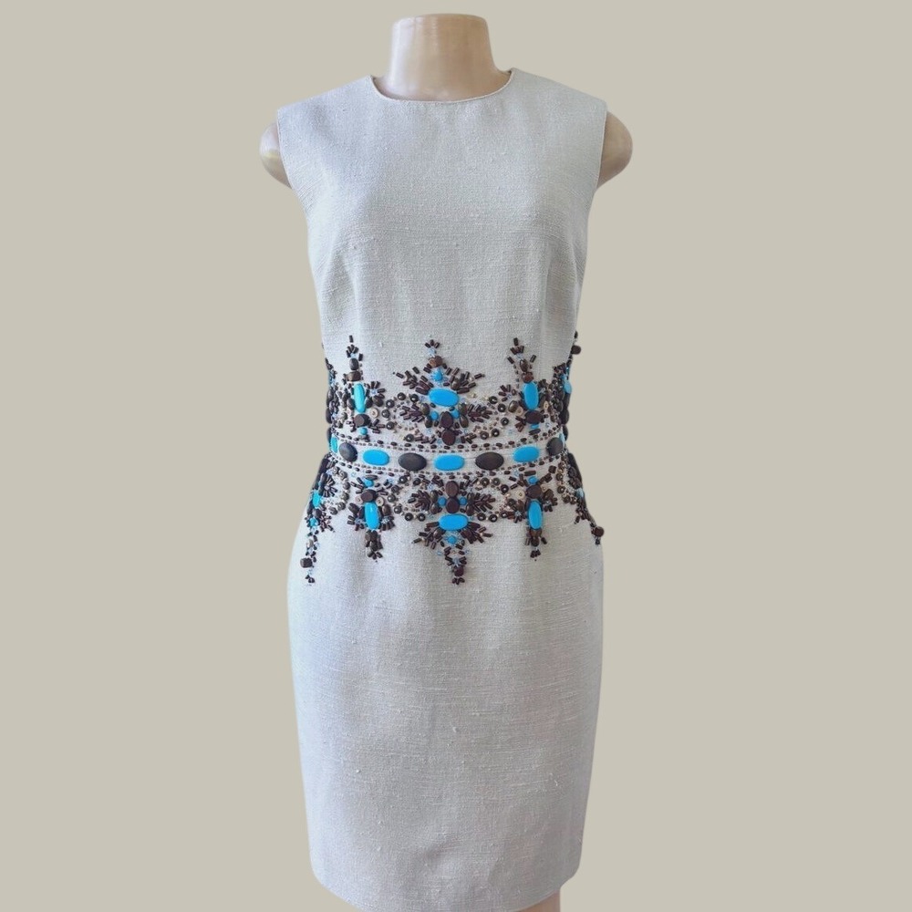 Chetta B Size 6 Ivory Ivory Silk Beaded Sheath Dress Turquoise Vintage  Dress